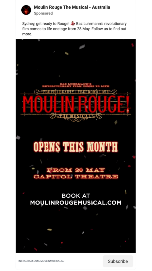 Moulin Rouge The Musical Digital Marketing Campaign | Facebook Ads | Evolving Digital